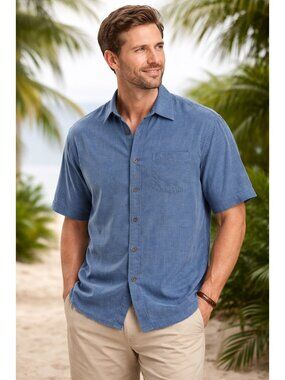Tommy Bahama Blue 100% Silk Short Sleeve Button Down Shirt Size L Casual Luxury